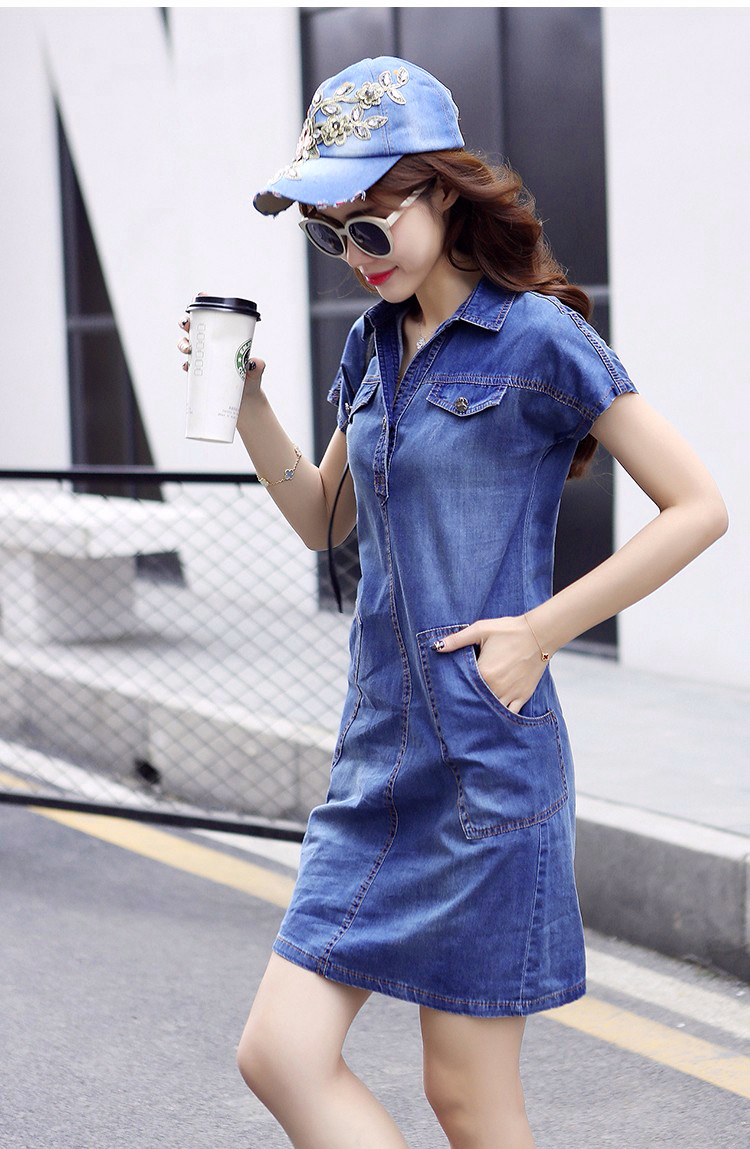 Đầm Jean Suông Cổ Sơ Mi Túi Xéo